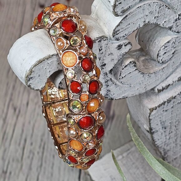 Shades of Orange Multi Stone Stretch Bracelet - Picture 3 of 10